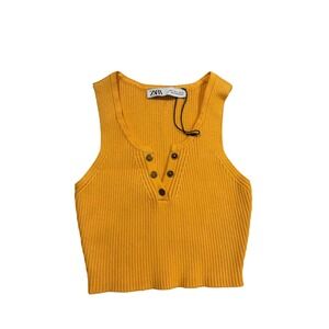 Zara NWOT Ribbed Knit‎ Tank Top Button Front Sleeveless Mustard Yellow Size S